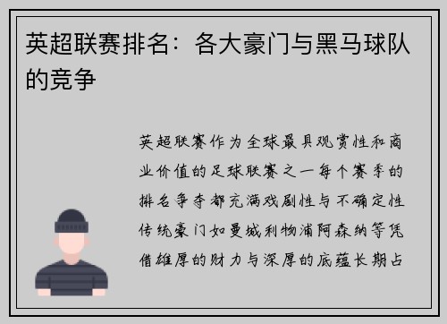 英超联赛排名：各大豪门与黑马球队的竞争