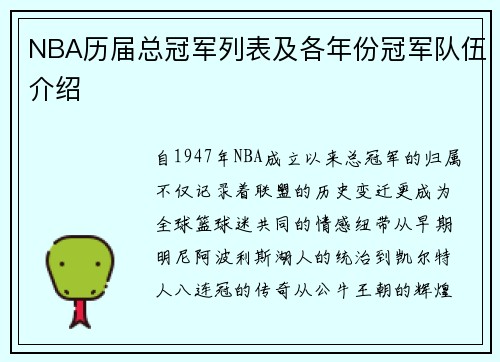 NBA历届总冠军列表及各年份冠军队伍介绍